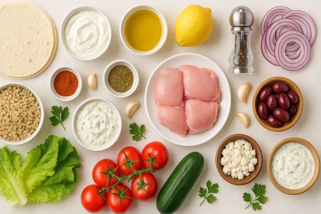 A dynamic shot that shows a key step in the process (assembly), highlighting the textures and colours of the cooked chicken and fresh fillings. It adds a sense of action and makes the process look engaging. Alternatively, you could prompt for chicken cooking in a pan/oven/air fryer.
