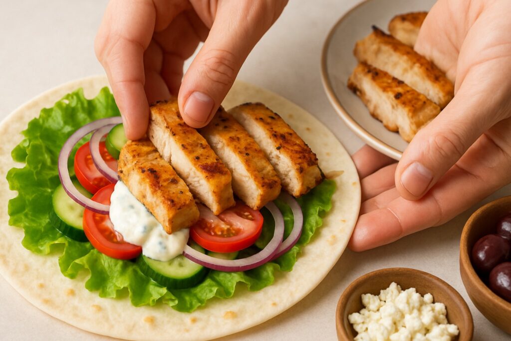 A dynamic shot that shows a key step in the process (assembly), highlighting the textures and colours of the cooked chicken and fresh fillings. It adds a sense of action and makes the process look engaging. Alternatively, you could prompt for chicken cooking in a pan/oven/air fryer.