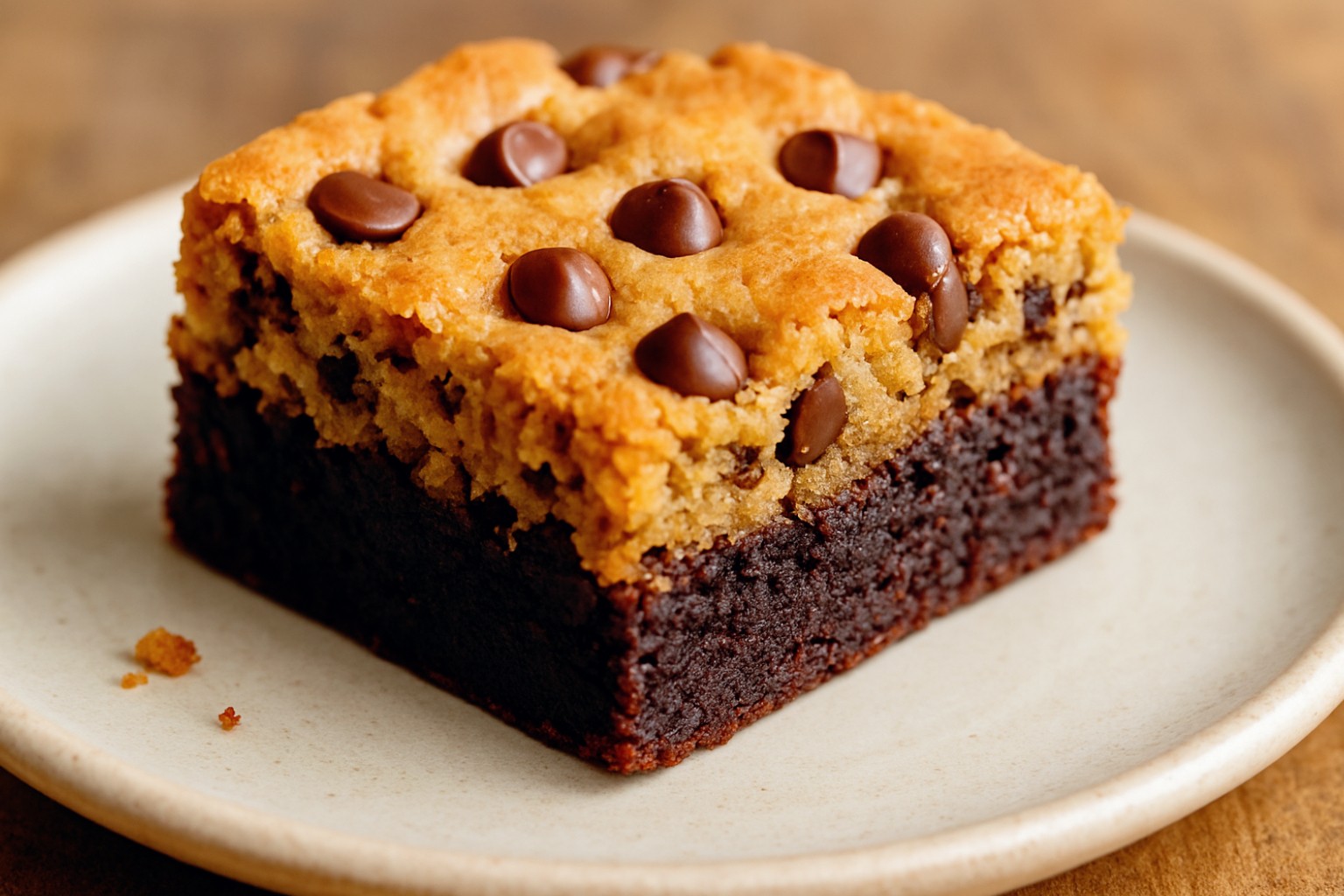 Close-up of a perfectly cut healthy brookie square on a plate, clearly showing the distinct layers: a dark, fudgy brownie bottom and a golden, chewy cookie top studded with chocolate chips