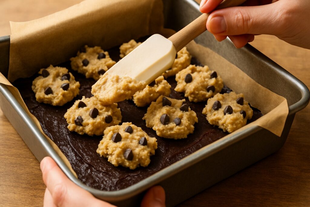 Layering healthy brookie batter in a square baking dish: hands spreading chocolate chip cookie dough over the dark brownie batter base."