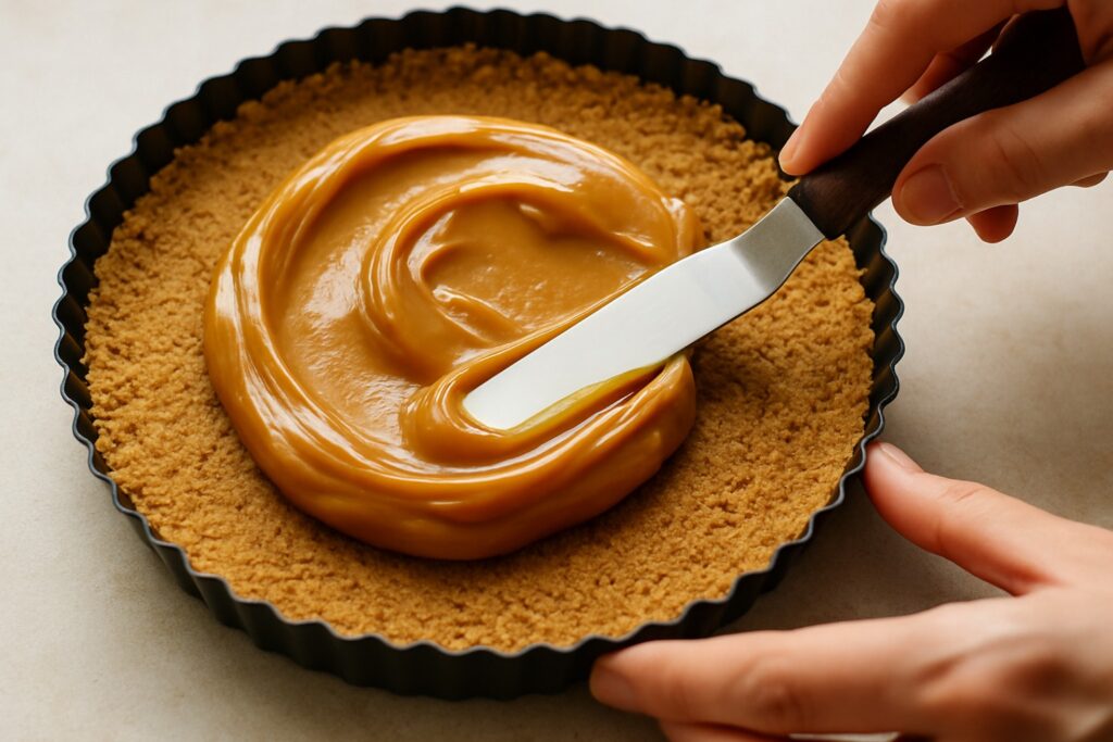 showing key steps: crushing biscuits, pressing base into tin, spreading caramel, layering bananas, topping with cream)