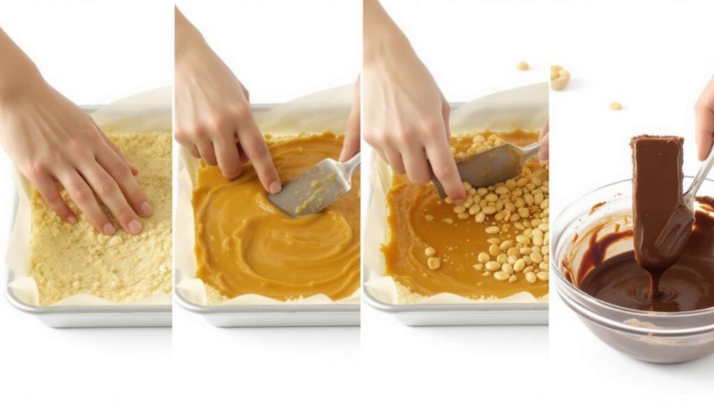 Healthy Snickers Bars cut in half showing layers